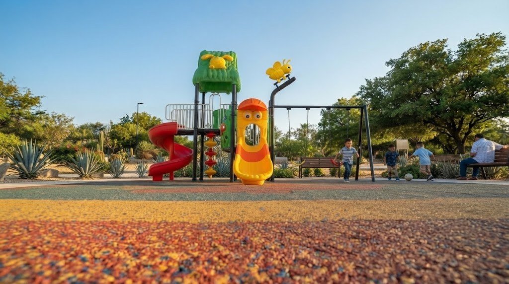 Play 151 instalado en parque con niños jugando alrededor